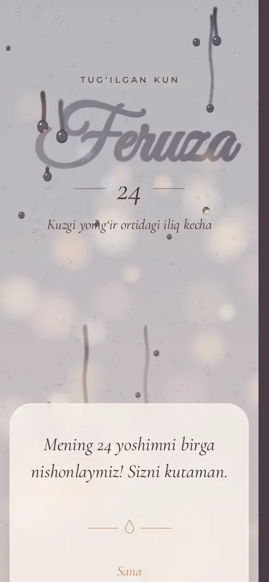 Yomg‘ir taklifnomasi: Yomg‘irli oyna, ism tumanda yozilgan